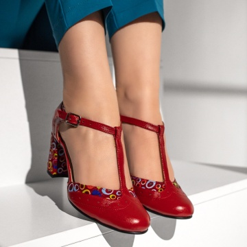 Pantofi dama cu toc gros si imprimeu rosii din Piele naturala MOD13078, 4, modlet.ro