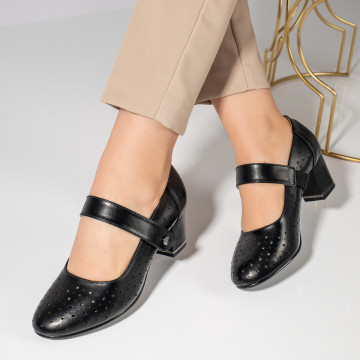 Pantofi dama cu toc gros si inchidere cu scai negri MOD11467, 1, modlet.ro