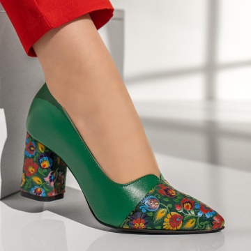 Pantofi dama cu toc gros si model floral verzi din Piele naturala ZEF13133, 4, zeforia.ro