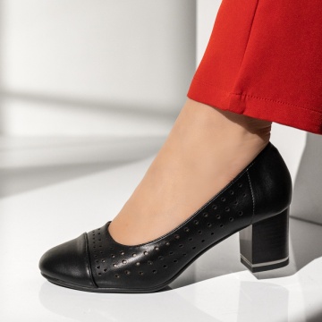 Pantofi cu toc, Pantofi dama cu toc gros si perforatii negri MOD14238, modlet.ro