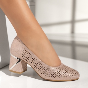 Pantofi dama cu toc gros si perforatii roz MOD13693, 3, modlet.ro