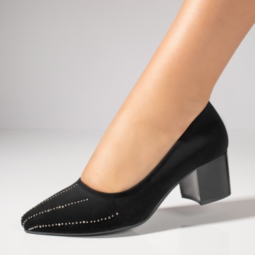 Pantofi dama cu toc gros si strasuri aplicate negri suede MOD11940, 1, modlet.ro