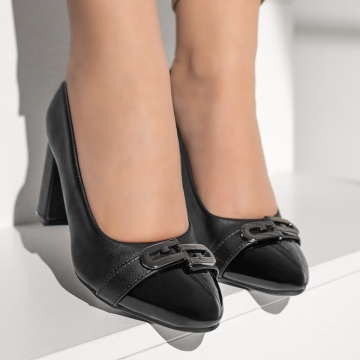 Pantofi dama cu toc gros si varf lucios negri MOD13003, 3, modlet.ro