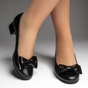 Pantofi dama cu toc mic si fundita negri din Piele naturala MOD13481, 2, modlet.ro