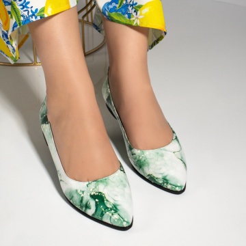 Pantofi dama cu toc mic verde cu alb din Piele naturala MOD06141, 4, modlet.ro