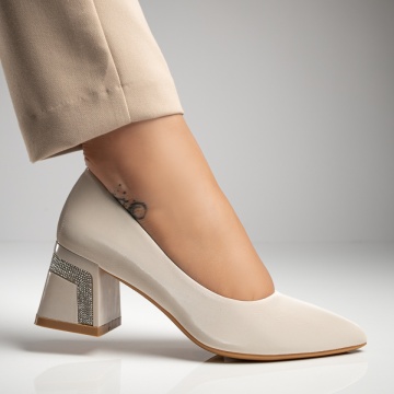 Pantofi dama cu toc si aplicatii cu pietre bej MOD12025, 3, modlet.ro
