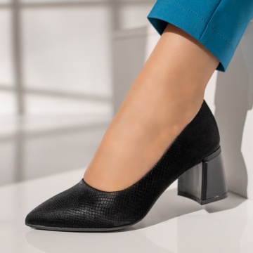Pantofi dama cu toc si imprimeu negri MOD12130, 2, modlet.ro