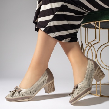 Pantofi dama cu toc si perforatii bej inchis MOD13438, 2, modlet.ro