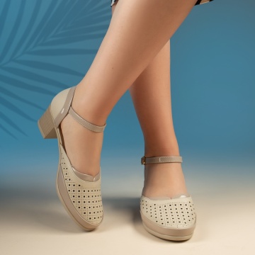 Pantofi dama cu toc si perforatii bej MOD13342, 3, modlet.ro