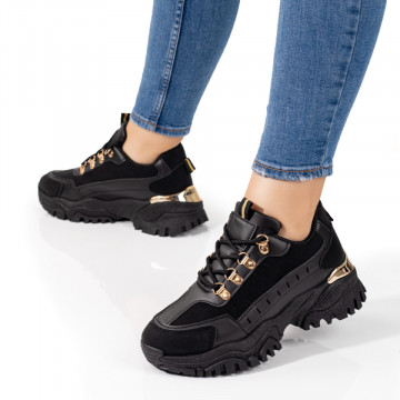 Pantofi dama sport cu siret si talpa groasa negri cu auriu MOD09790, 3, modlet.ro