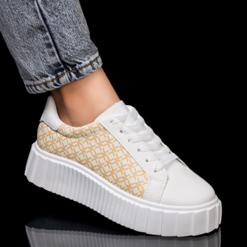 Pantofi sport dama alb cu bej cu model si siret MOD06312
