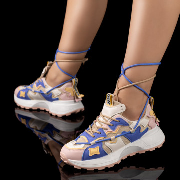 Pantofi sport dama cu siret bej cu albastru si roz MOD09622, 2, modlet.ro