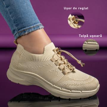 Pantofi sport dama cu siret elastic bej MOD11170, 3, modlet.ro