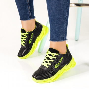 Pantofi sport dama cu siret si talpa groasa negri cu verde MOD10169, 3, modlet.ro