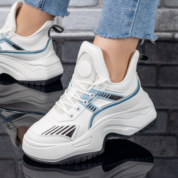 Pantofi sport dama cu talpa groasa albi cu albastru MOD09844, 3, modlet.ro