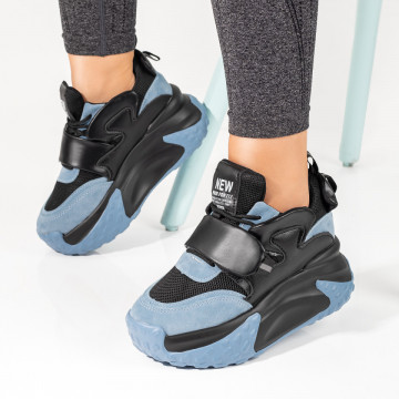 Pantofi sport dama cu talpa groasa negri cu albastru suede MOD10071, 3, modlet.ro