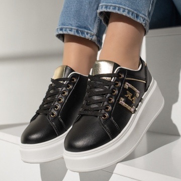Pantofi sport dama cu talpa groasa negru cu auriu MOD12969, 3, modlet.ro