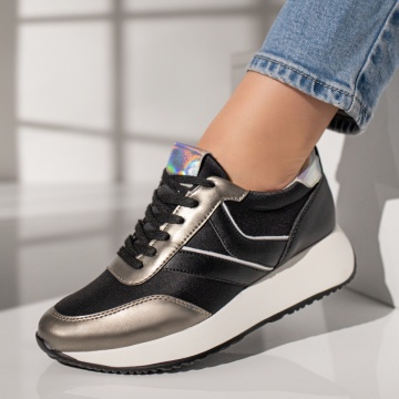 Pantofi sport dama negri cu talpa groasa alba MOD11876, 1, modlet.ro