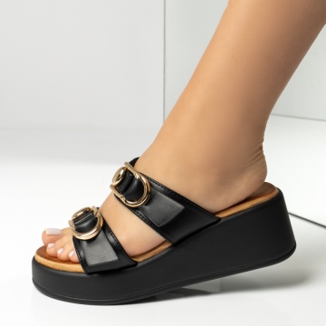 Papuci casual dama cu accesoriu decorativ negri EVA17, 1, modlet.ro