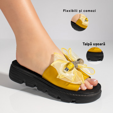 Papuci dama cu aplicatie de strasuri si talpa groasa galbeni MOD11436, 3, modlet.ro
