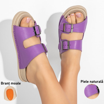 Papuci dama cu catarame mov din Piele naturala MOD11416, 3, modlet.ro