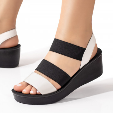 Sandale cu platforma dama albe cu negru MOD08504, 2, modlet.ro