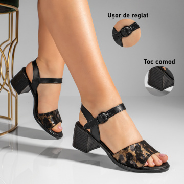 Sandale cu toc gros negre cu imprimeu dama din Piele naturala MOD09689, 3, modlet.ro