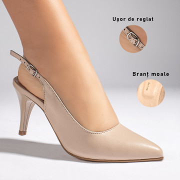 Sandale cu toc subtire bej dama din Piele naturala MOD11259, 3, modlet.ro