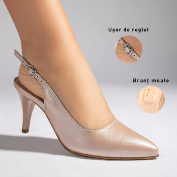 Sandale cu toc subtire bej sidefat dama din Piele naturala MOD11259, 3, modlet.ro