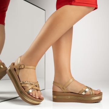 Sandale dama cu platforma bej cu auriu MOD13696, 4, modlet.ro