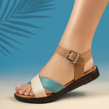 Sandale dama cu talpa joasa din Piele naturala maro cu albastru MOD13781, 4, modlet.ro