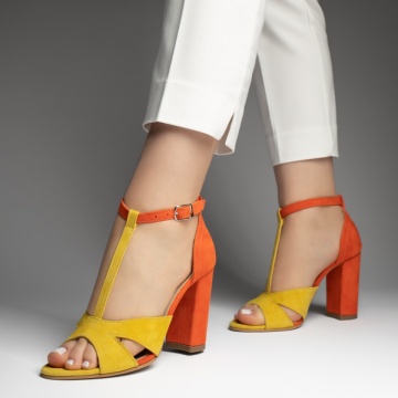 Sandale dama cu toc gros portocaliu cu galben suede din Piele naturala MOD13471, 2, modlet.ro