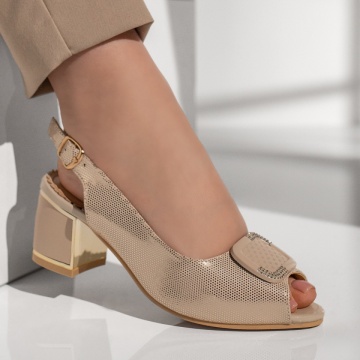 Sandale dama cu toc gros si bareta bej cu auriu MOD11475, 4, modlet.ro