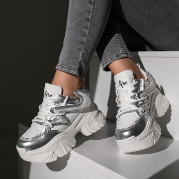 Sneakers dama albi cu argintiu cu siret MOD11730, 3, modlet.ro