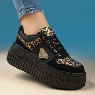 Sneakers dama cu accesoriu decorativ si imprimeu negri MOD13440, 4, modlet.ro