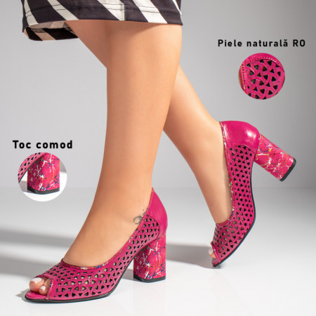 Sandale dama cu toc gros si perforatii roz din Piele naturala MOD11459